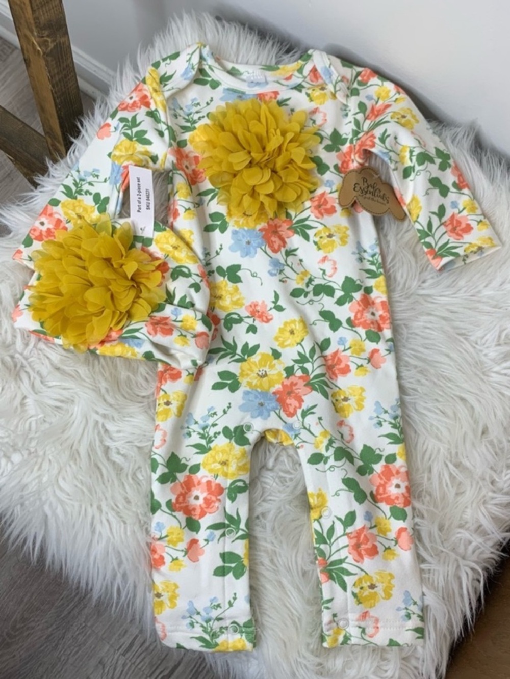 Baby Essentials Floral Baby Romper & Hat Set with Yellow Flower Accents Size 12M